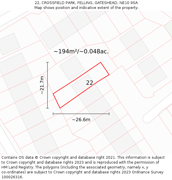 22, CROSSFIELD PARK, FELLING, GATESHEAD, NE10 9SA: Plot and title map