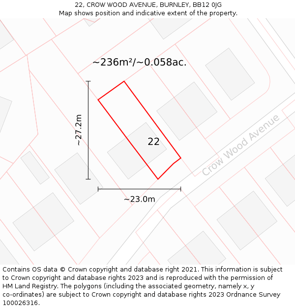 22, CROW WOOD AVENUE, BURNLEY, BB12 0JG: Plot and title map