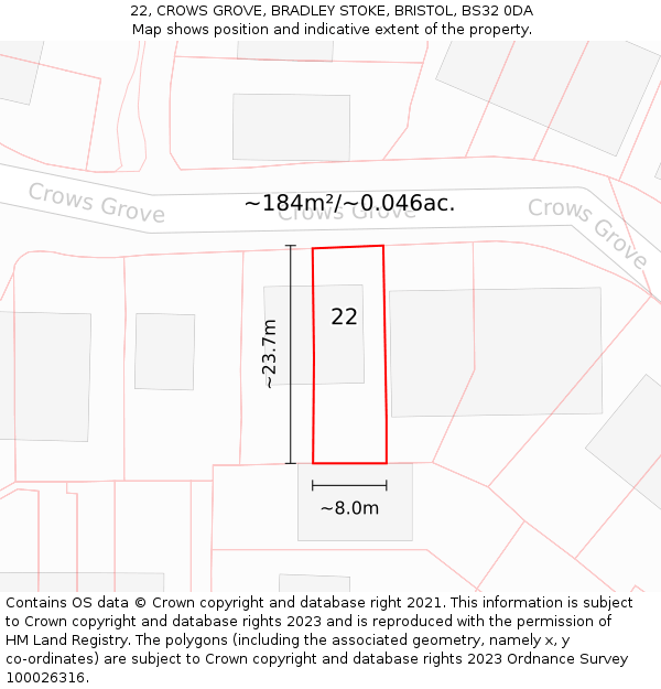 22, CROWS GROVE, BRADLEY STOKE, BRISTOL, BS32 0DA: Plot and title map