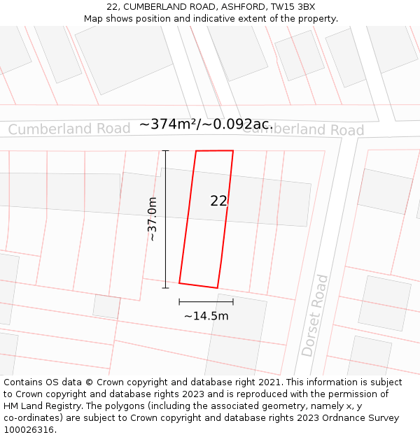 22, CUMBERLAND ROAD, ASHFORD, TW15 3BX: Plot and title map