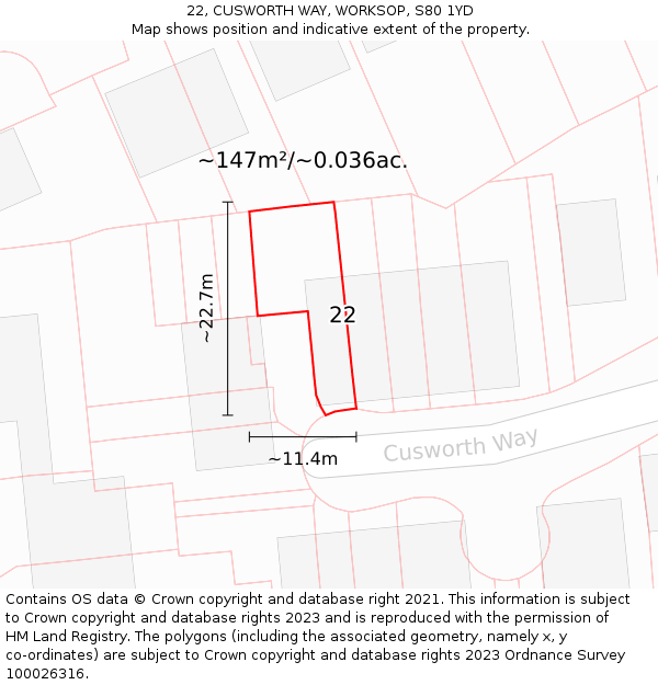 22, CUSWORTH WAY, WORKSOP, S80 1YD: Plot and title map