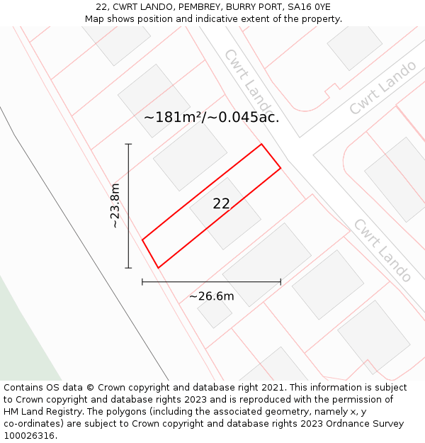 22, CWRT LANDO, PEMBREY, BURRY PORT, SA16 0YE: Plot and title map