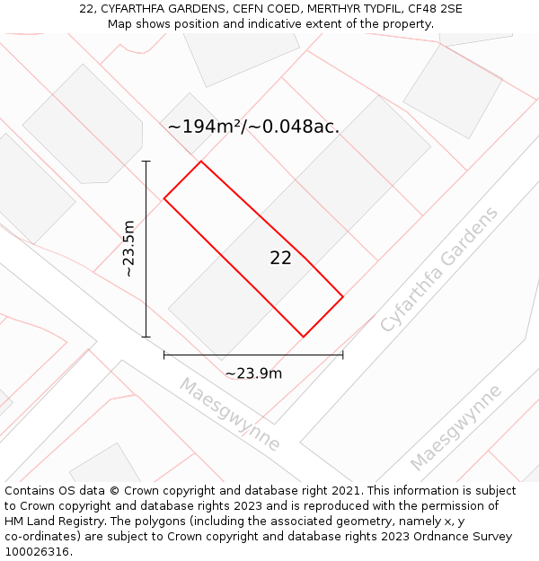 22, CYFARTHFA GARDENS, CEFN COED, MERTHYR TYDFIL, CF48 2SE: Plot and title map