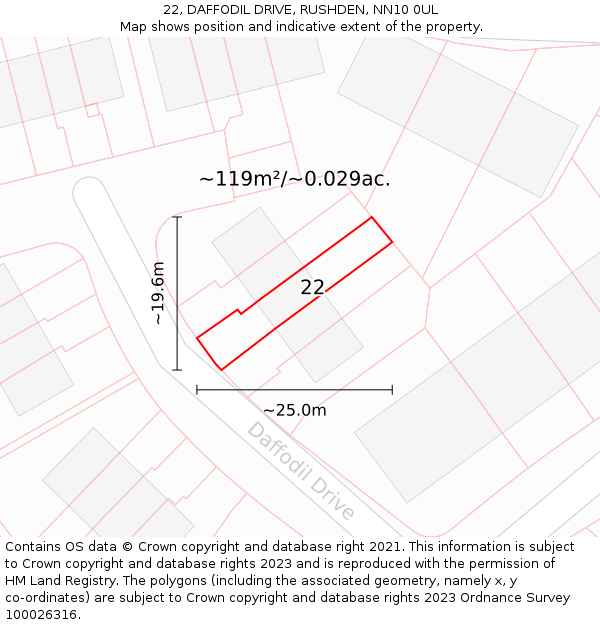 22, DAFFODIL DRIVE, RUSHDEN, NN10 0UL: Plot and title map