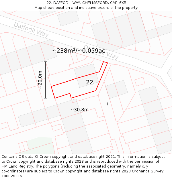 22, DAFFODIL WAY, CHELMSFORD, CM1 6XB: Plot and title map