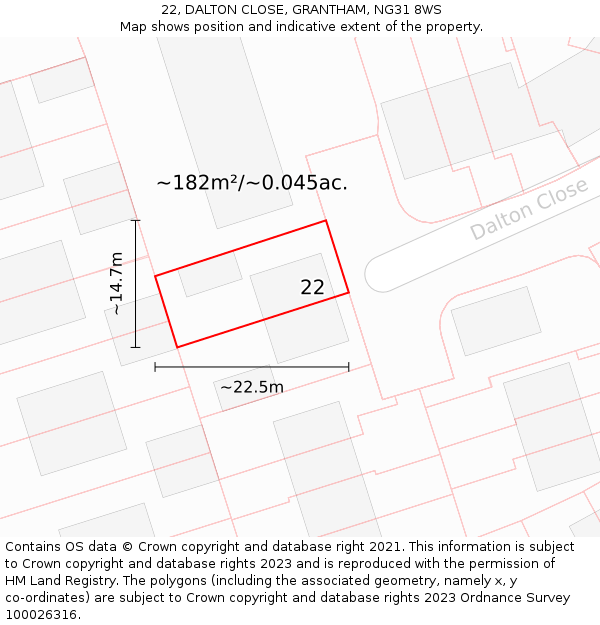 22, DALTON CLOSE, GRANTHAM, NG31 8WS: Plot and title map