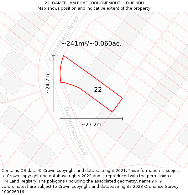 22, DAMERHAM ROAD, BOURNEMOUTH, BH8 0BU: Plot and title map