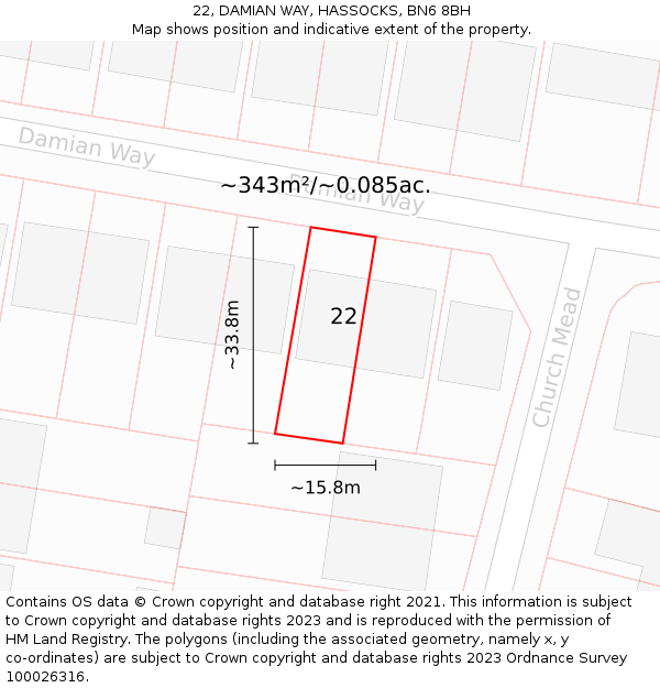 22, DAMIAN WAY, HASSOCKS, BN6 8BH: Plot and title map