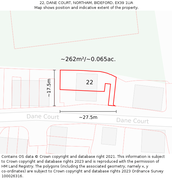 22, DANE COURT, NORTHAM, BIDEFORD, EX39 1UA: Plot and title map
