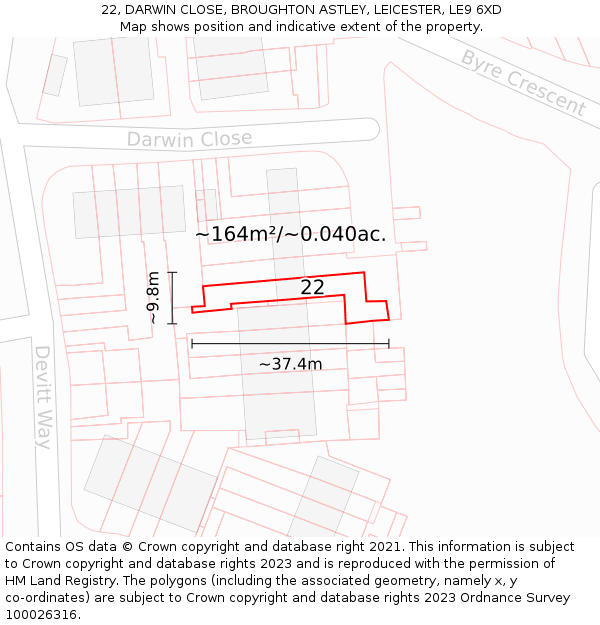 22, DARWIN CLOSE, BROUGHTON ASTLEY, LEICESTER, LE9 6XD: Plot and title map