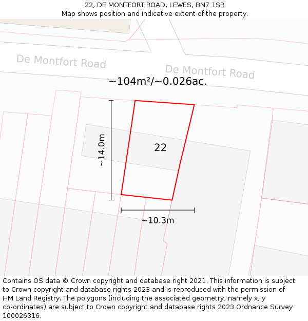 22, DE MONTFORT ROAD, LEWES, BN7 1SR: Plot and title map