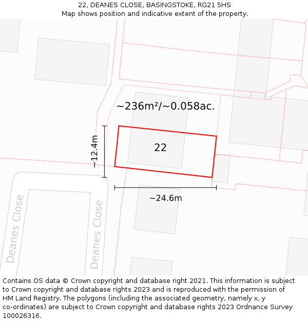 22, DEANES CLOSE, BASINGSTOKE, RG21 5HS: Plot and title map