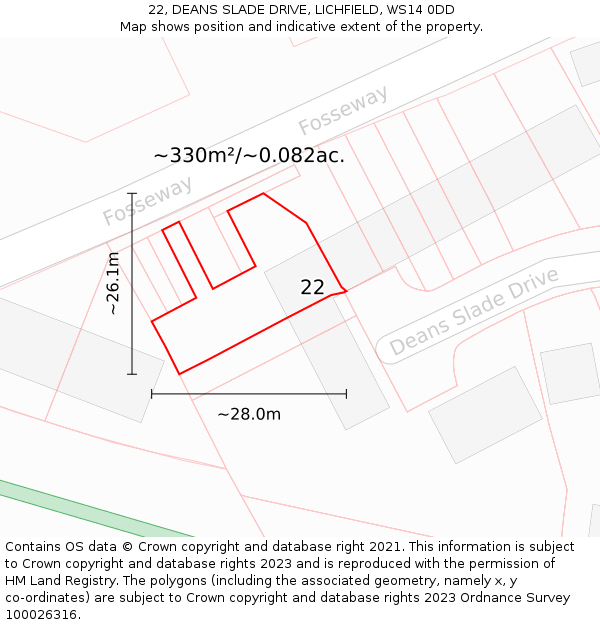 22, DEANS SLADE DRIVE, LICHFIELD, WS14 0DD: Plot and title map