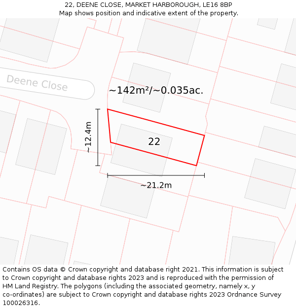 22, DEENE CLOSE, MARKET HARBOROUGH, LE16 8BP: Plot and title map