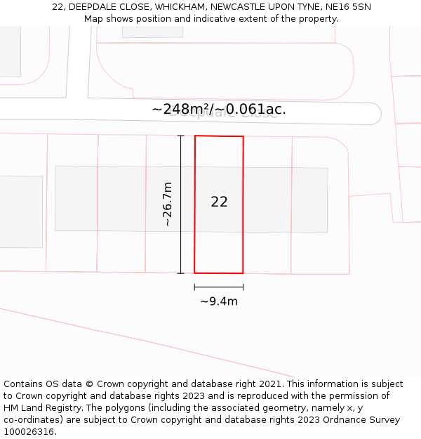 22, DEEPDALE CLOSE, WHICKHAM, NEWCASTLE UPON TYNE, NE16 5SN: Plot and title map