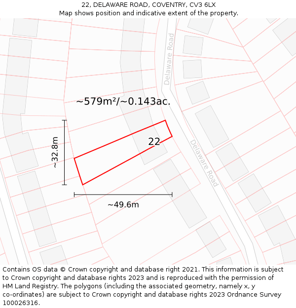 22, DELAWARE ROAD, COVENTRY, CV3 6LX: Plot and title map