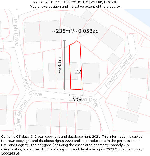 22, DELPH DRIVE, BURSCOUGH, ORMSKIRK, L40 5BE: Plot and title map