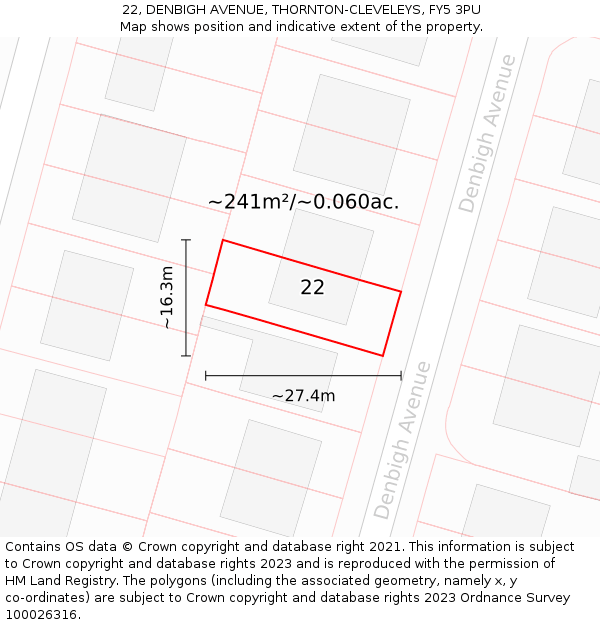 22, DENBIGH AVENUE, THORNTON-CLEVELEYS, FY5 3PU: Plot and title map