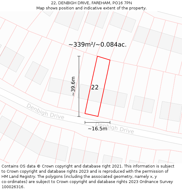 22, DENBIGH DRIVE, FAREHAM, PO16 7PN: Plot and title map