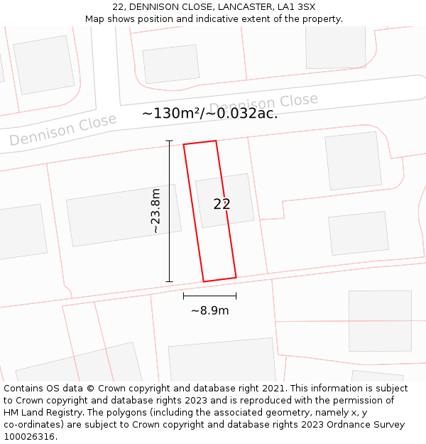 22, DENNISON CLOSE, LANCASTER, LA1 3SX: Plot and title map