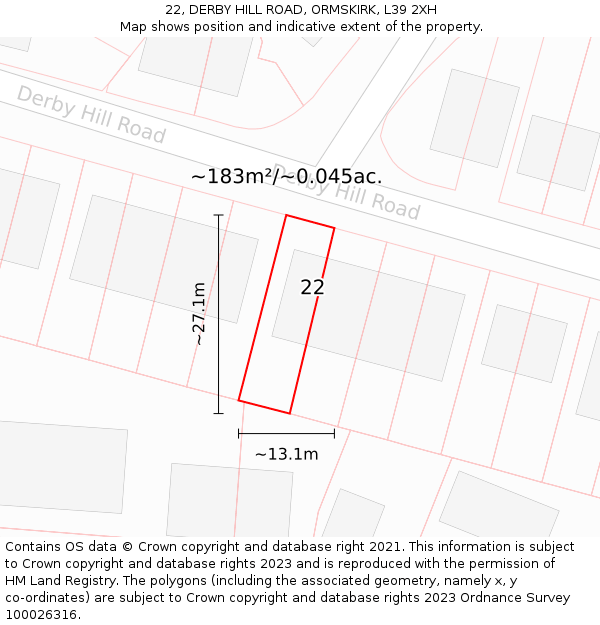 22, DERBY HILL ROAD, ORMSKIRK, L39 2XH: Plot and title map
