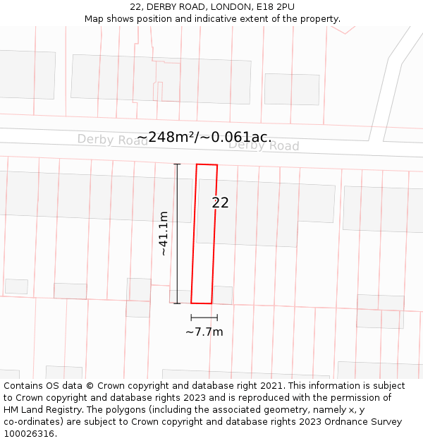 22, DERBY ROAD, LONDON, E18 2PU: Plot and title map