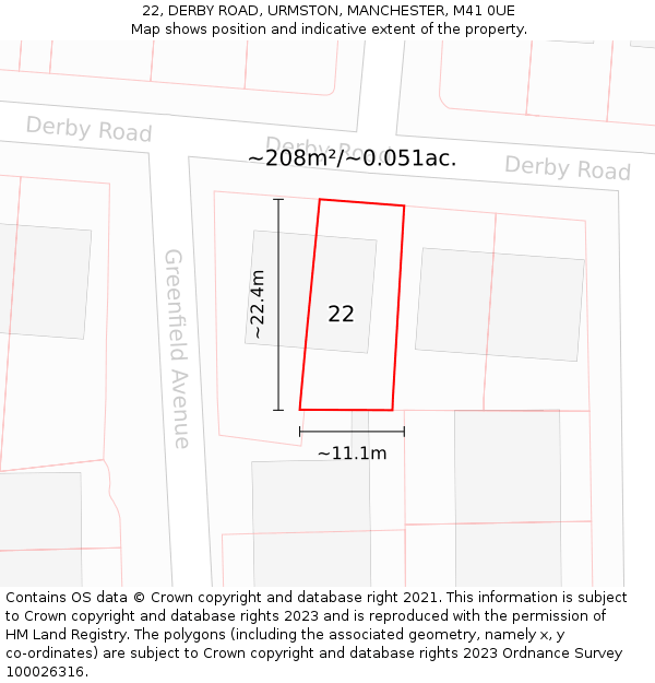 22, DERBY ROAD, URMSTON, MANCHESTER, M41 0UE: Plot and title map