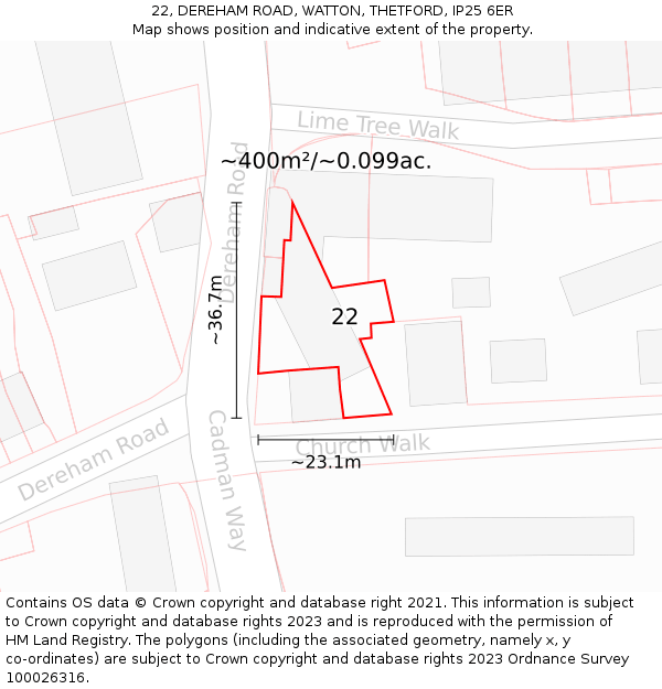 22, DEREHAM ROAD, WATTON, THETFORD, IP25 6ER: Plot and title map