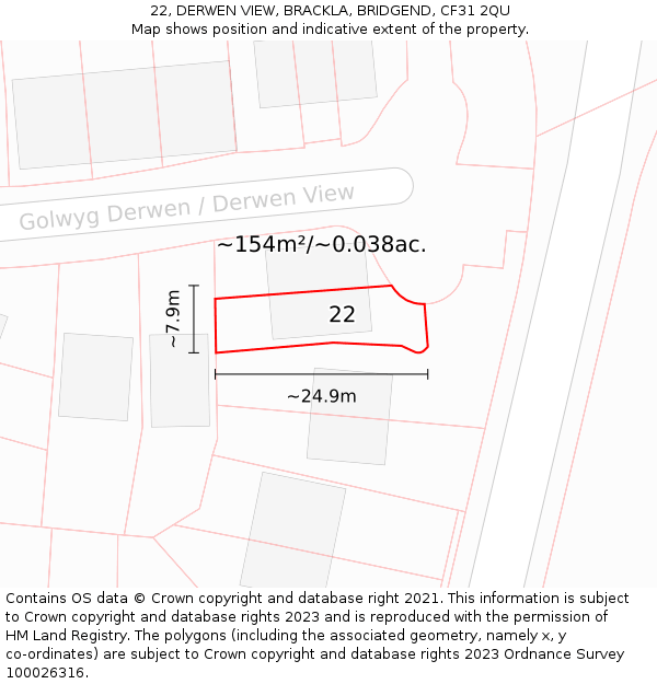 22, DERWEN VIEW, BRACKLA, BRIDGEND, CF31 2QU: Plot and title map