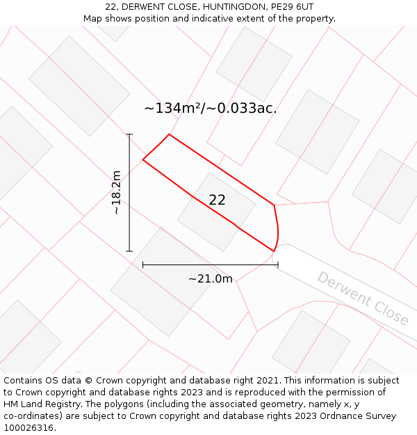 22, DERWENT CLOSE, HUNTINGDON, PE29 6UT: Plot and title map