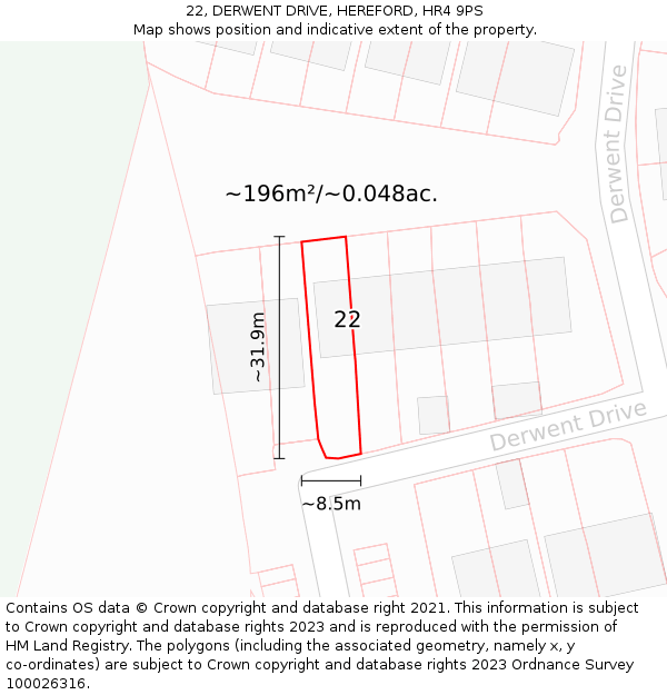 22, DERWENT DRIVE, HEREFORD, HR4 9PS: Plot and title map
