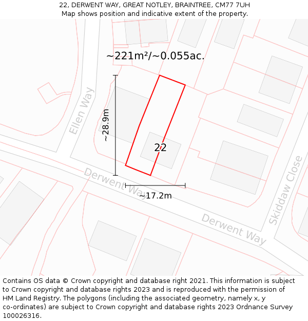 22, DERWENT WAY, GREAT NOTLEY, BRAINTREE, CM77 7UH: Plot and title map