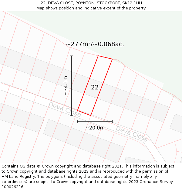 22, DEVA CLOSE, POYNTON, STOCKPORT, SK12 1HH: Plot and title map