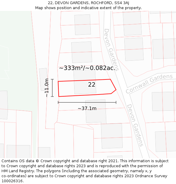 22, DEVON GARDENS, ROCHFORD, SS4 3AJ: Plot and title map