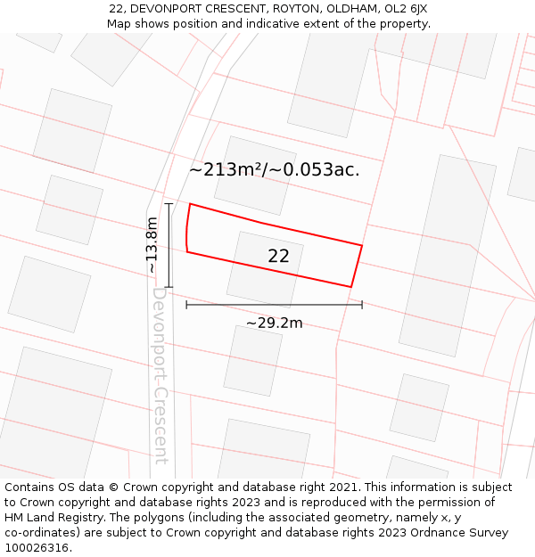 22, DEVONPORT CRESCENT, ROYTON, OLDHAM, OL2 6JX: Plot and title map