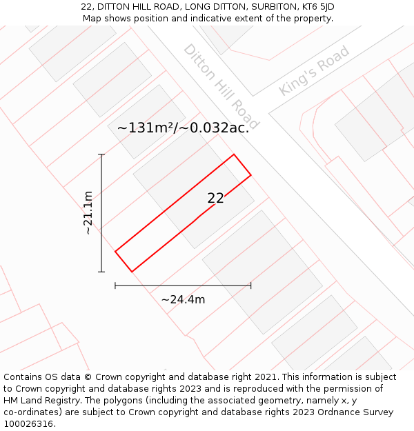 22, DITTON HILL ROAD, LONG DITTON, SURBITON, KT6 5JD: Plot and title map