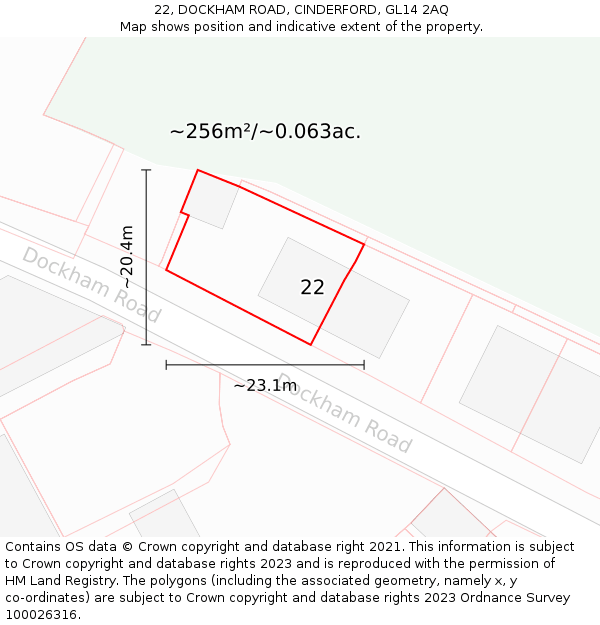 22, DOCKHAM ROAD, CINDERFORD, GL14 2AQ: Plot and title map