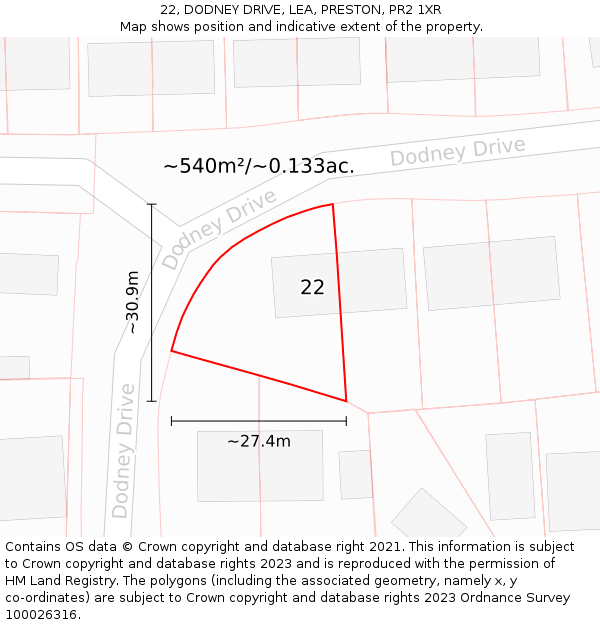 22, DODNEY DRIVE, LEA, PRESTON, PR2 1XR: Plot and title map