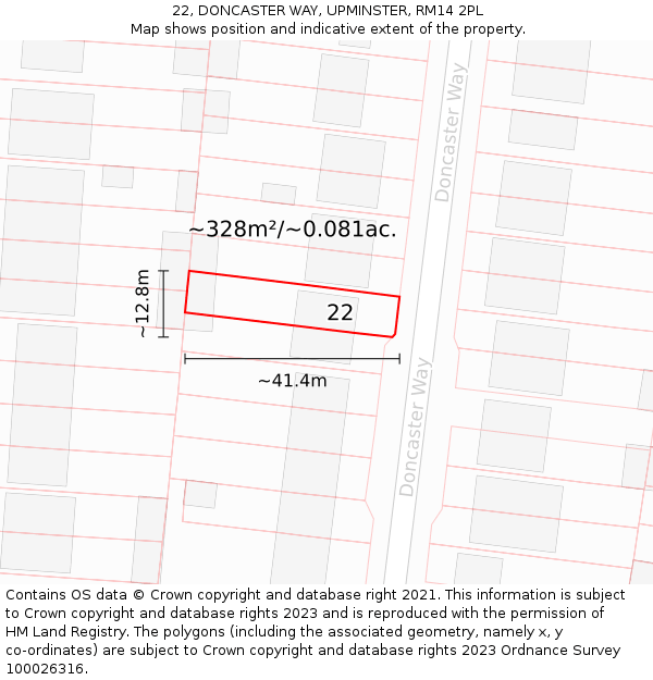 22, DONCASTER WAY, UPMINSTER, RM14 2PL: Plot and title map