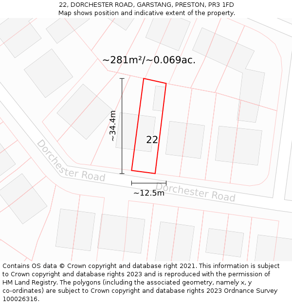 22, DORCHESTER ROAD, GARSTANG, PRESTON, PR3 1FD: Plot and title map