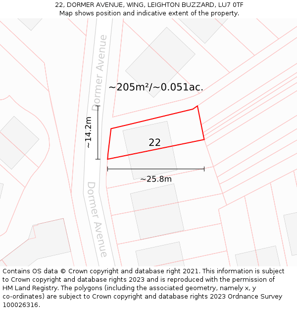22, DORMER AVENUE, WING, LEIGHTON BUZZARD, LU7 0TF: Plot and title map