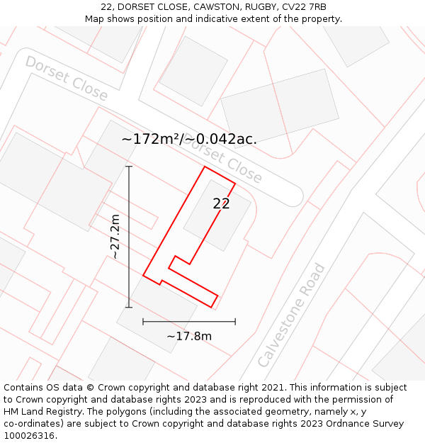 22, DORSET CLOSE, CAWSTON, RUGBY, CV22 7RB: Plot and title map