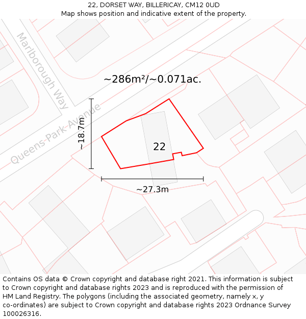 22, DORSET WAY, BILLERICAY, CM12 0UD: Plot and title map