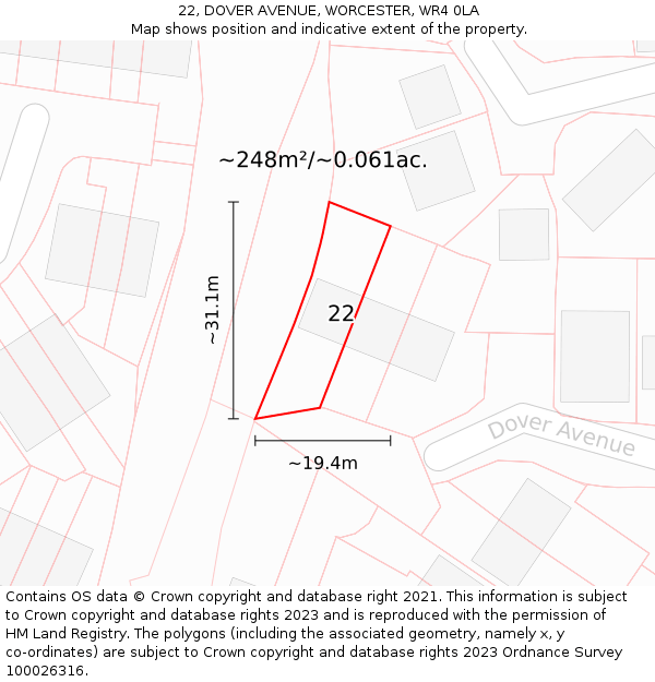 22, DOVER AVENUE, WORCESTER, WR4 0LA: Plot and title map