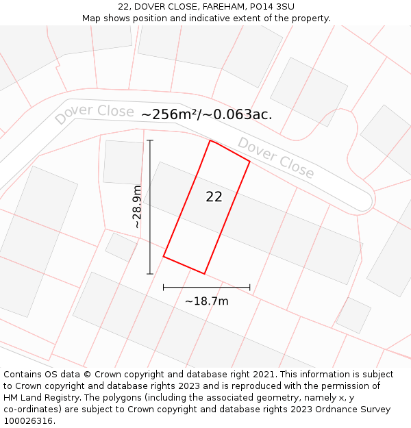 22, DOVER CLOSE, FAREHAM, PO14 3SU: Plot and title map
