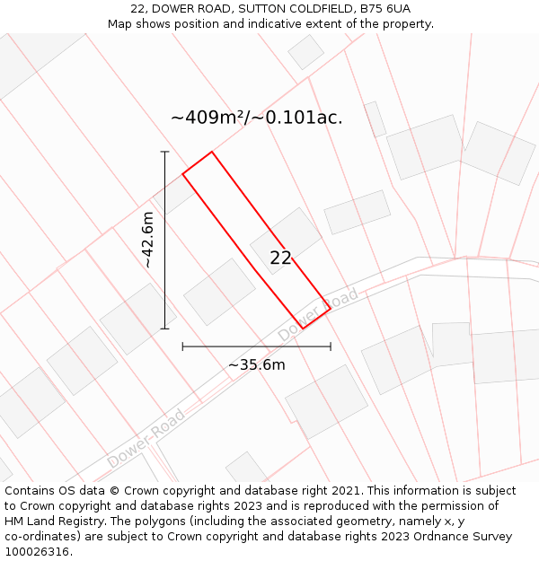 22, DOWER ROAD, SUTTON COLDFIELD, B75 6UA: Plot and title map