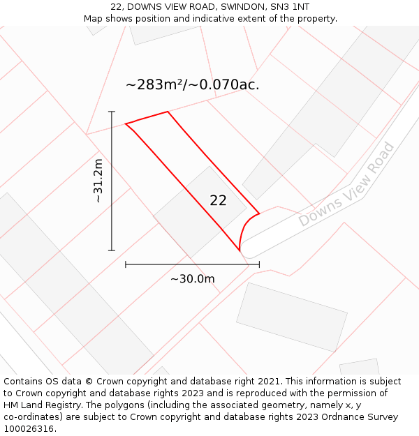 22, DOWNS VIEW ROAD, SWINDON, SN3 1NT: Plot and title map