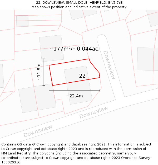 22, DOWNSVIEW, SMALL DOLE, HENFIELD, BN5 9YB: Plot and title map