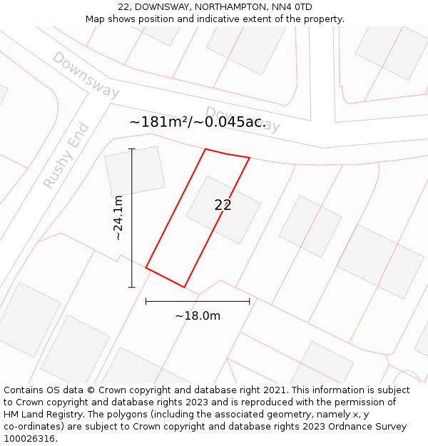 22, DOWNSWAY, NORTHAMPTON, NN4 0TD: Plot and title map