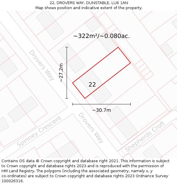 22, DROVERS WAY, DUNSTABLE, LU6 1AN: Plot and title map